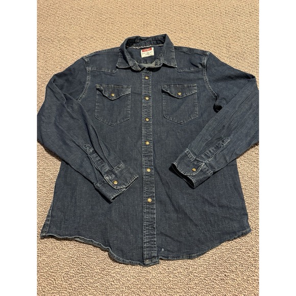 Vintage Wrangler Snap Denim Long Sleeve Shirt Collared Blue Western Clean Large - Picture 1 of 6